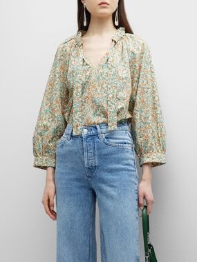 Rails Floral Tie-Neck Blouse in Green, Orange and Cream
